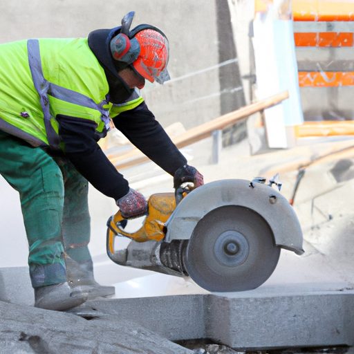 פועל בניין לובש ציוד בטיחות בעת הפעלת מסור בטון